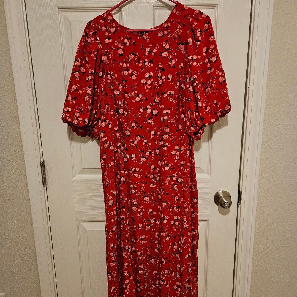 Old Navy Red Floral Print Smocked Puff Sleeve Maxi Shift Dress Womans Size 2X